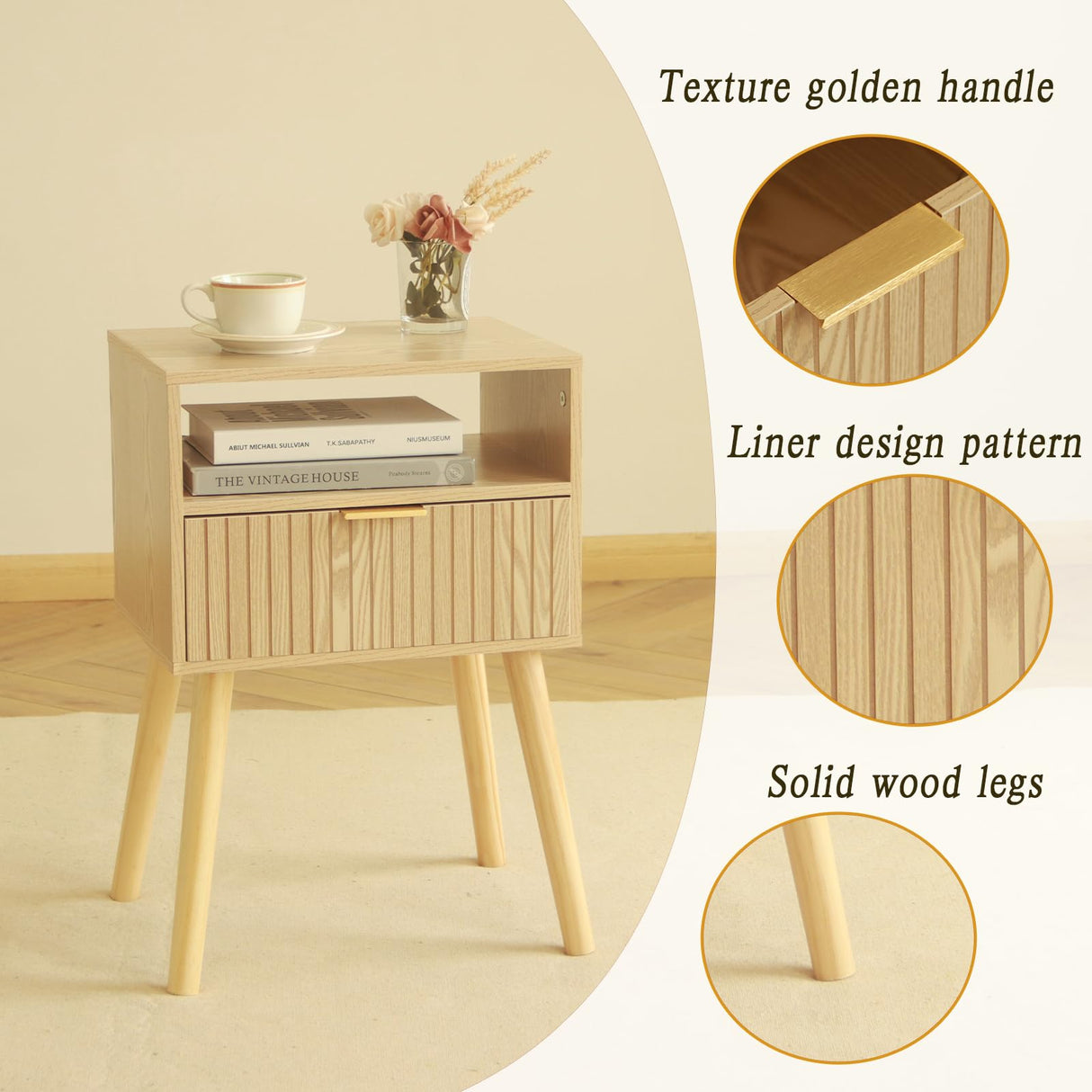 MaxSmeo Small Nightstand Wood Bedside Table with Drawer, Modern End Table for Bedroom and Small Spaces, Solid Wood Legs, Easy Assembly, Natural MaxSmeo