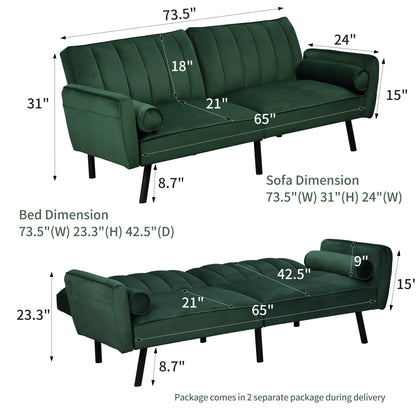 DURASPACE Velvet Loveseat, Sleeper Sofa Convertible Futon Couch with USB, 74" Loveseat Coach for Dorm, Apartment, Bonus Room,Compact Living Space (Green) - WoodArtSupply