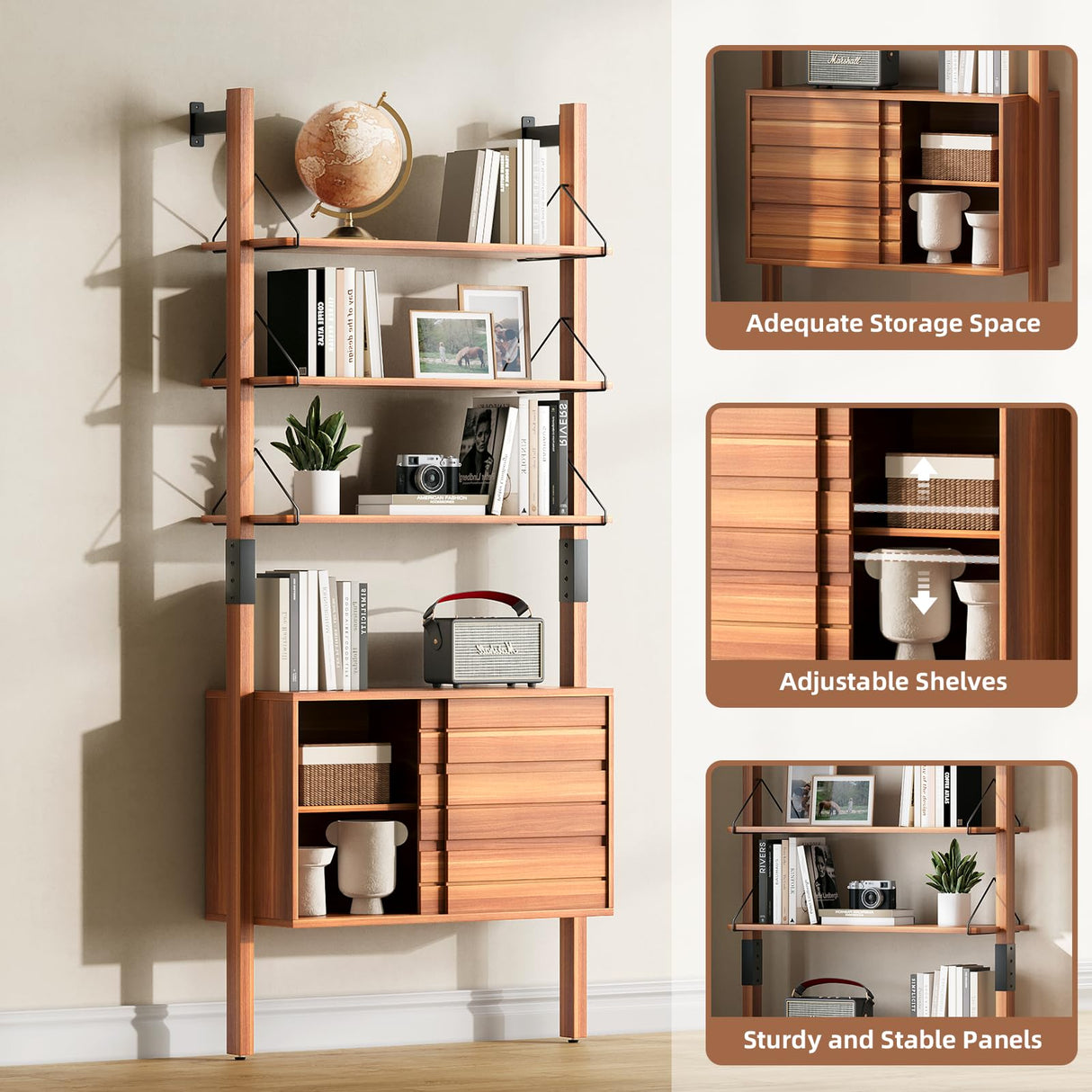 JOINICE, Ladder Bookshelf with Storage Cabinet, Mid Century Modern Bookcase, Wall Mounted Bookshelf with Wood and Metal Frame, 6 Tier Open Display Rack for Living Room, Bedroom, Home Office, Cherry JOINICE