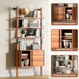 JOINICE, Ladder Bookshelf with Storage Cabinet, Mid Century Modern Bookcase, Wall Mounted Bookshelf with Wood and Metal Frame, 6 Tier Open Display Rack for Living Room, Bedroom, Home Office, Cherry JOINICE