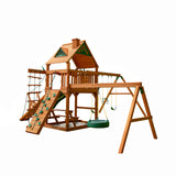 Gorilla Playsets 01-0004-AP Frontier Wood Swing Set with Wood Roof, Tire Swing, Two Belt Swings, Picnic Table, Sandbox, Rock Climbing Wall, Amber Gorilla Playsets