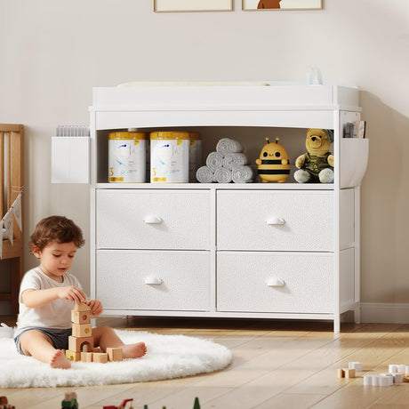 Weiplehoom Baby Changing Table with Storage, Changing Table Dresser, Diaper Changer Crib Sleeper Fabric Drawers, Storage Dividers, Diapers Bags for Nursery Modern (4 Drawers/White) Weiplehoom