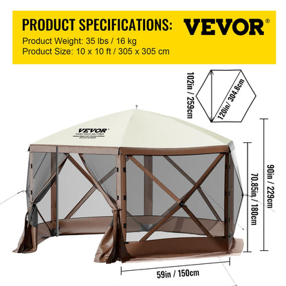 VEVOR Pop-Up Gazebo Screen Tent, 12 x 12 Ft 6-Sided Camping Gazebo Instant Canopy Sun Shelter with 6 Removable Privacy Wind Cloths, Mosquito Netting, 300D Oxford Cloth for Patio, Backyard, Lawn