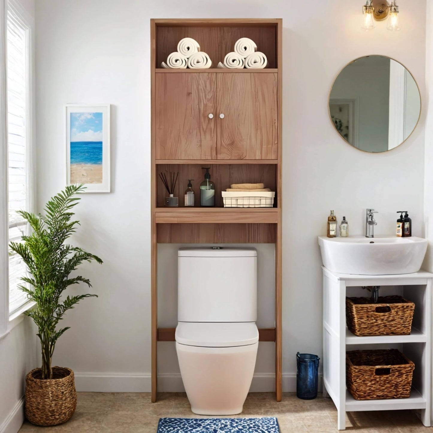 Tydaris Over The Toilet Storage Cabinet - Wood Over Toilet Bathroom Cabinet with Adjustable Shelf and Double Doors, Bathroom Space Saver Organizer, Taller Free Standing Toilet Rack, Brown