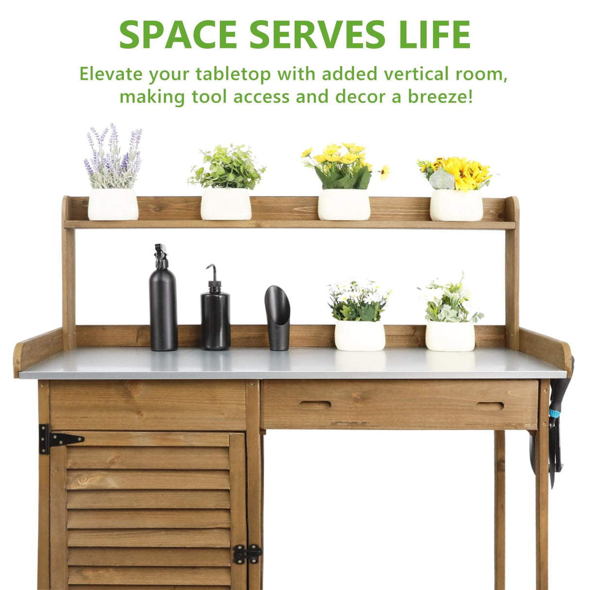 PetsCosset Garden Potting Benche Table Outdoor Wooden Work Station W/Metal Table top,Cabinet,Drawer,Large Bottom Shelf,Open Shelf Natural Wood-Brown-Brown PetsCosset