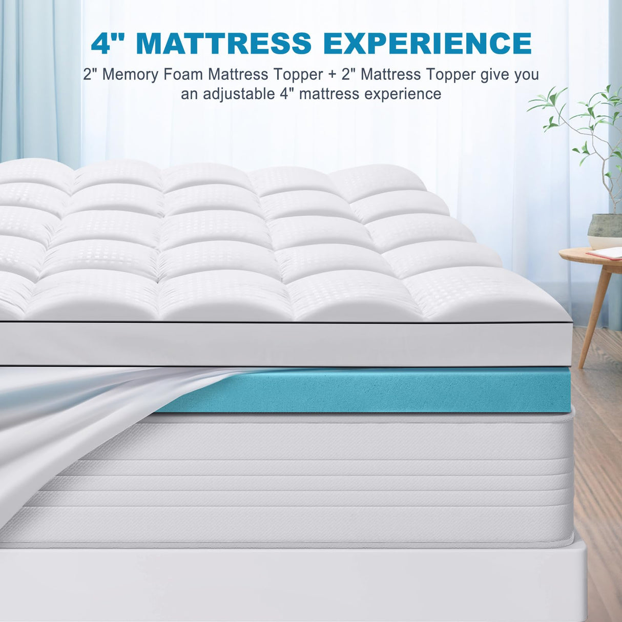 MASVIS Queen Size Dual Layer 4 Inch Memory Foam Mattress Topper, 2 Inch Gel Memory Foam and 2 Inch Cooling Pillow Top Mattress Pad Cover for Back Pain, Medium Support MASVIS