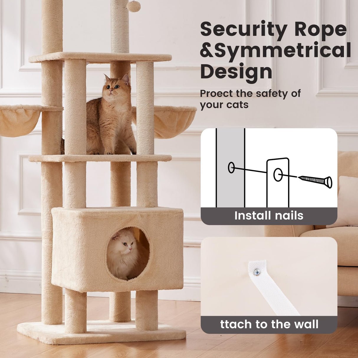 Gardner Pet Cat Tree, 65" Cat Tower with Scratching Post Cat Trees for Indoor Cats Large Adult Modern Cat Tree High Climbing Tower Home Decoration Beige-Basic Gardner Pet