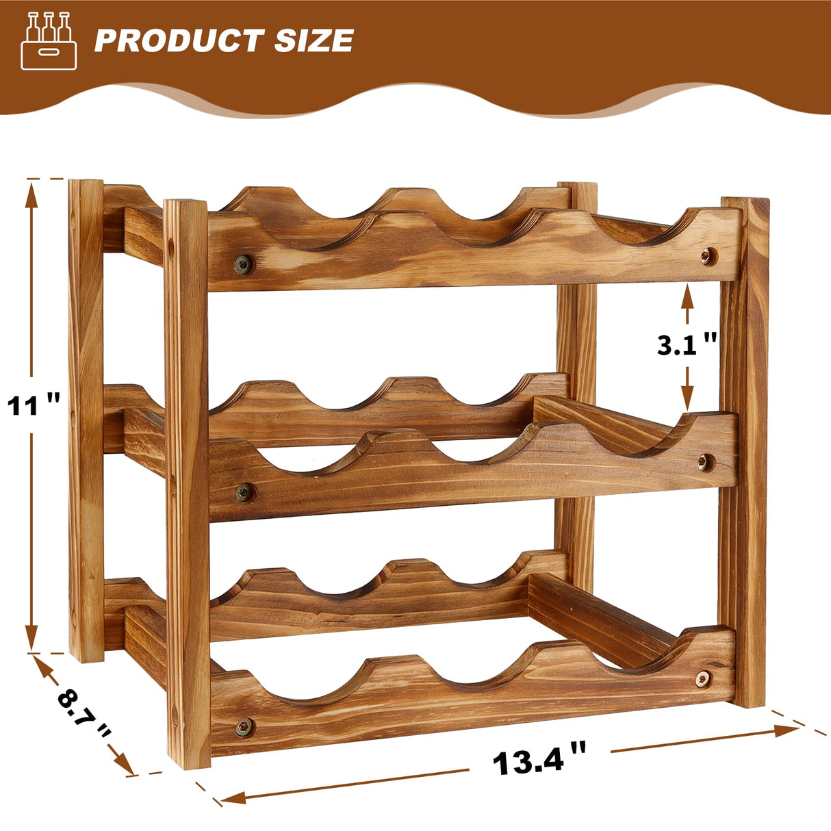 Wine Rack 9 Bottle 3-Tier Wood Wine Storage Easy-Assembly Space-Saving for Wine Lovers,Kitchen Wine Organizer for Countertop,Table Top,Pantry, Niep