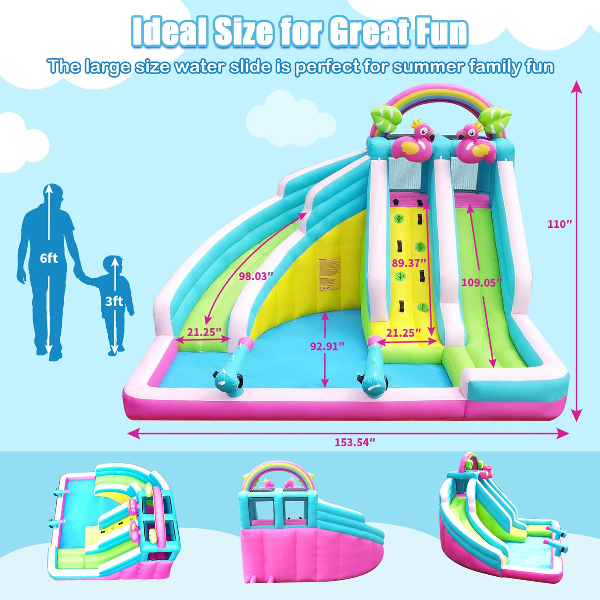 Inflatable Water Slide, 6 in 1 Blow Up Water Park Aged 3-12, Flamingo Style Water Bounce House with Double Long Slides, Splash Pool, 580W Blower Waterslide for Kids and Adults Backyard HEMOPOW
