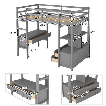 Harper & Bright Designs Twin Size Loft Bed with Desk and Storage, Wood High Loft Bed Frame with Shelves, Multifunctional Loft Bed Twin for Kids Teens Adults (Grey) - WoodArtSupply