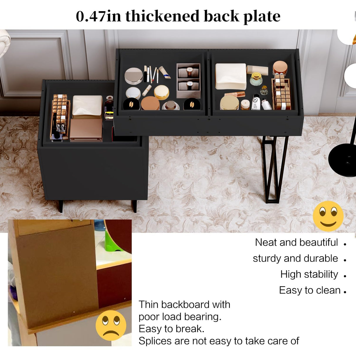 Ieejdn Black Vanity Desk with Mirror and Lights,Small Makeup Vanity with 5 Drawers，Modern Makeup Table with Adjustable Cabinet for Bedroom,Makeup Room Ieejdn