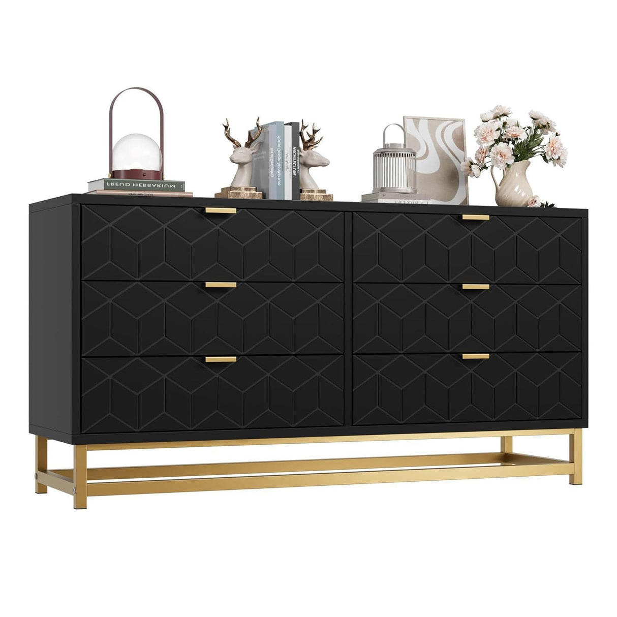 Dresser for Bedroom, 53.5" Large Dresser Organizer, 6 Drawer with Golden Metal Handle and Legs, Modern Chest of Drawers, Black Dressers with Drawers for Closet, Hallway, Living Room, Entryway GAOMON