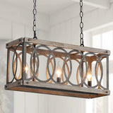 PHILOMENA Antique Wood Farmhouse Chandelier, 3-Light Rustic Bronze Cage Rectangular Dining Room Light Fixtures Over Table, Rectangle Linear Foyer Pendant Lamp Ceiling Hanging PHILOMENA