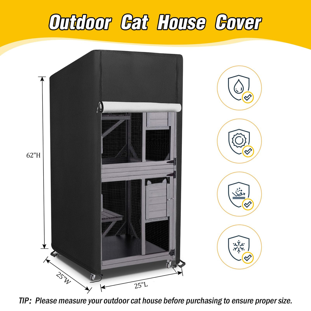 Kingling Outdoor Cat House Cover 25 Inch，Waterproof Catio Covers for 4 Tier Catio Outdoor Cat Enclosure with Wheels Weatherproof Cat Houses Cover for Outsides- 25" L x 25" W x 62" H(Black) Kingling