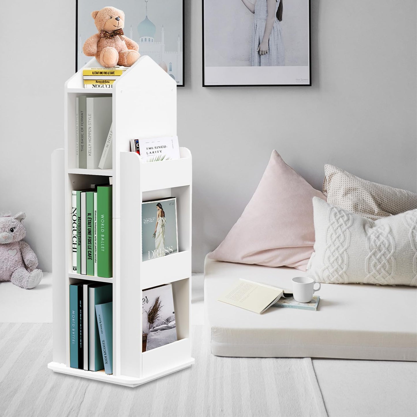 MYOYAY 360° Rotating White Kids Bookshelf - 3 Tier Floor Standing Bookcase for Home - WoodArtSupply