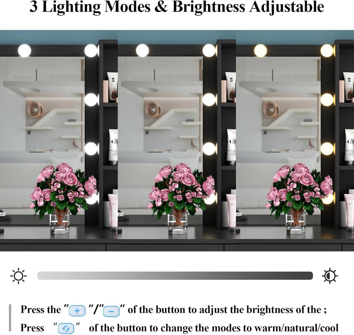 Loomie Vanity Desk with Lighted Mirror & Power Outlet, Makeup Vanity Table with 6 Drawers, 3-Tier Shelf, Vanity Dresser with 10 Lights in 3 Lighting Colors for Bathroom, Bedroom,Makeup Room, Black Loomie