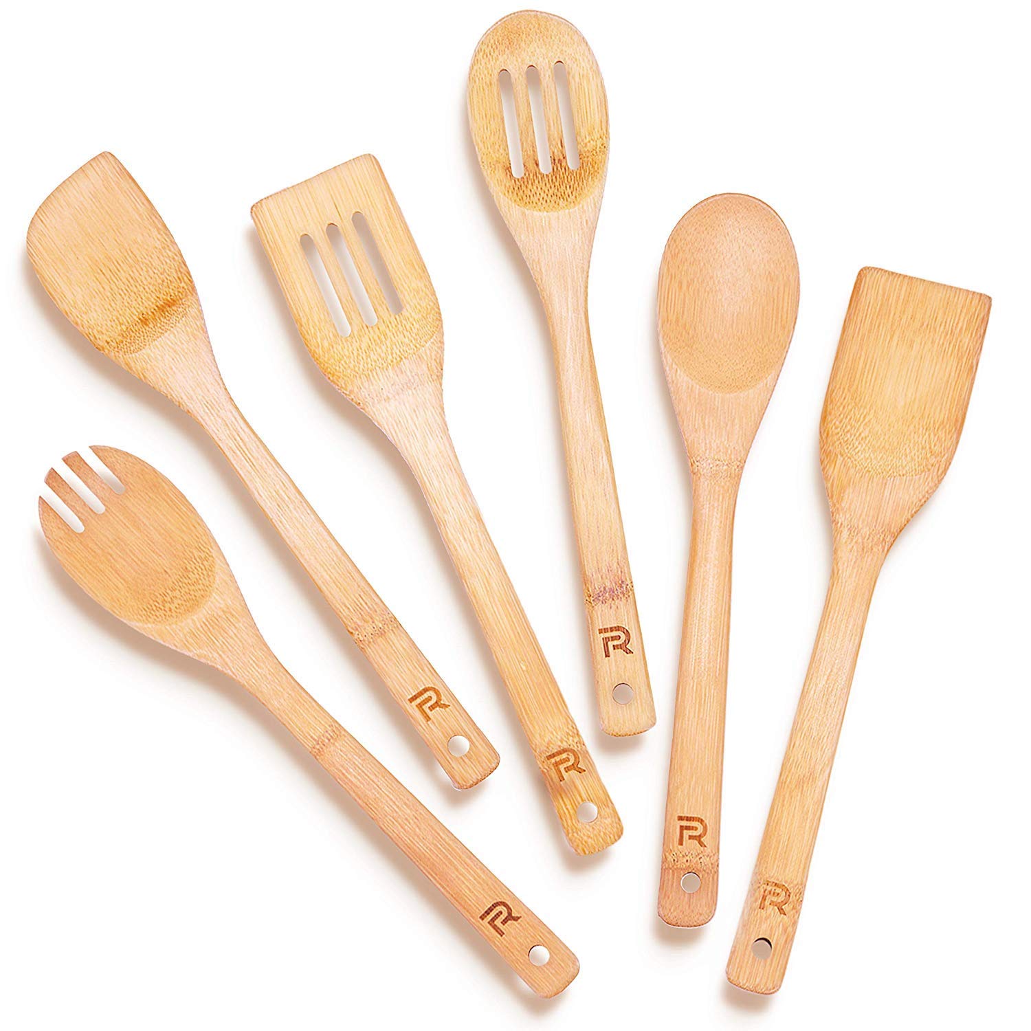 Riveira Bamboo Wooden Spoons for Cooking 6-Piece, Apartment Essentials Wood Spatula Spoon Nonstick Kitchen Utensil Set Premium Quality Housewarming Gifts for Everyday Use - WoodArtSupply