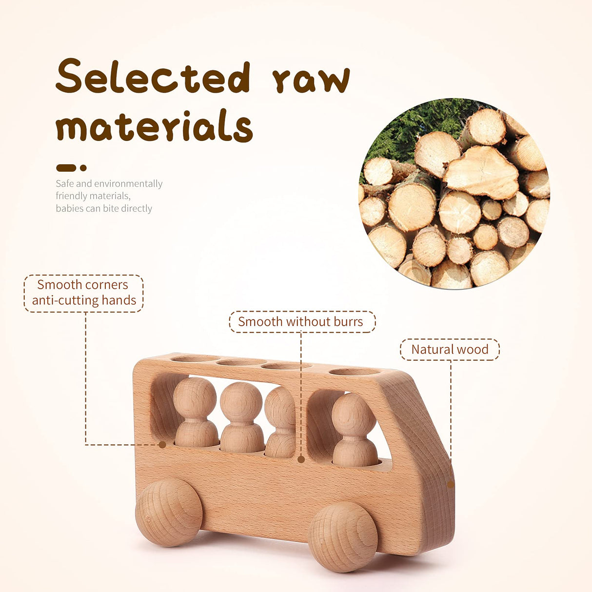 4 Wooden Figures in The Bus - Peg Dolls Unfinished Wooden Peg People Cars Wooden Figures Shape Preschool Learning Educational Toys Montessori Toys for Toddlers WOODEN TEETHER
