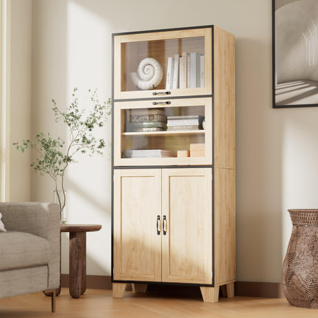 Cozy Castle 71" Pantry Cabinet, Pantry Storage Cabinet with Acrylic Doors and Adjustable Shelves, Modern Farmhouse Tall Cabinet for Kitchen, Dining Room, Living Room, Oak Cozy Castle