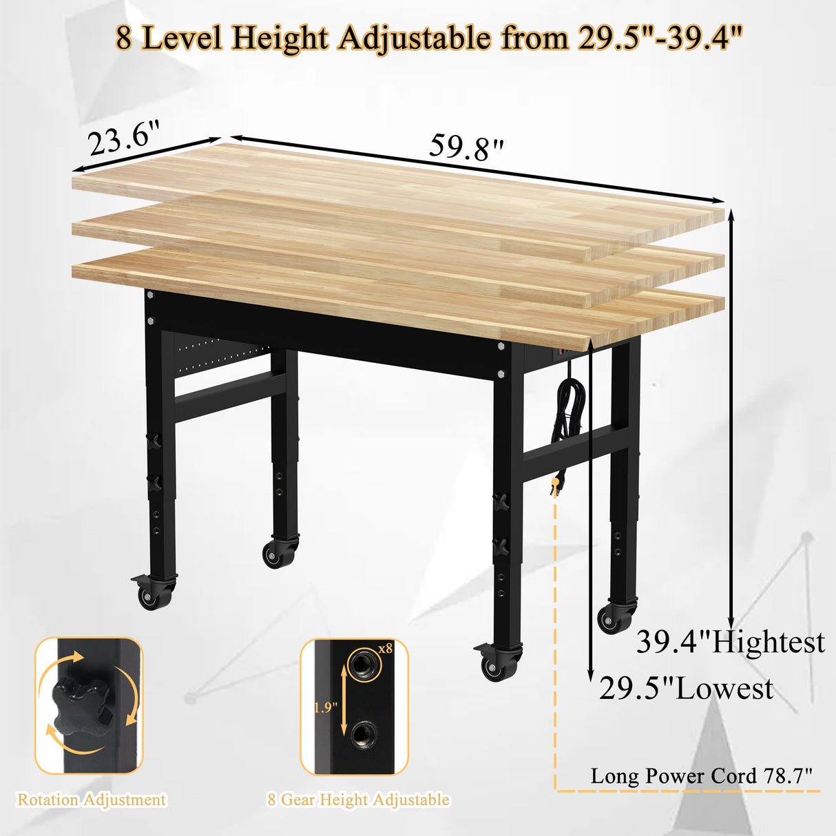 MISHAO 60" Adjustable Workbench on Wheels, Rubber Wood Heavy-Duty Workstation w/Power Outlet & Pegboard, 2000 LBS Load Capacity Hardwood Worktable for Garage, Workshop, Office, Home MISHAO