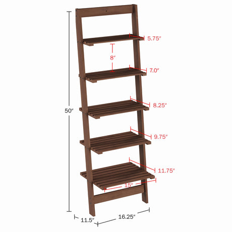 5-Tier Ladder Shelf - 50-Inch Narrow Leaning Bookshelf - Wooden Bookcase for Living Room, Bathroom, Kitchen, Office, or Bedroom Furniture by Lavish Home (Walnut) Lavish Home