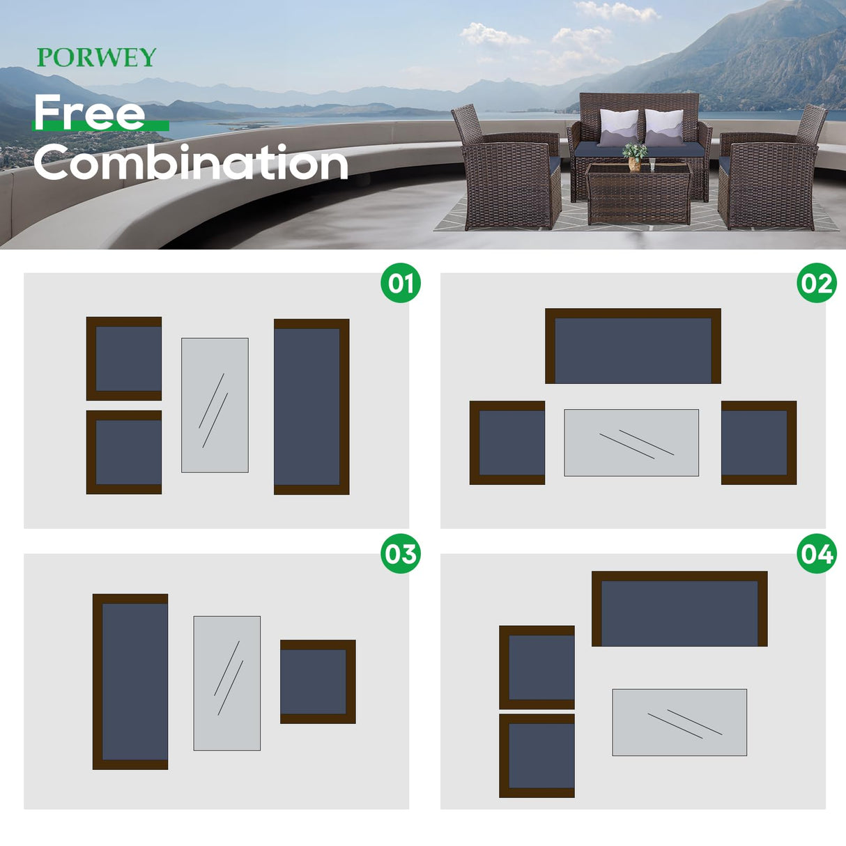 PORWEY Patio Outdoor Furniture 4 Pieces Sectional Sofa Set Balcony Furniture Wicker Rattan Chairs with Table and Loveseat for Garden, Porch, Backyard, Brown Wicker/Blue Cushion PORWEY