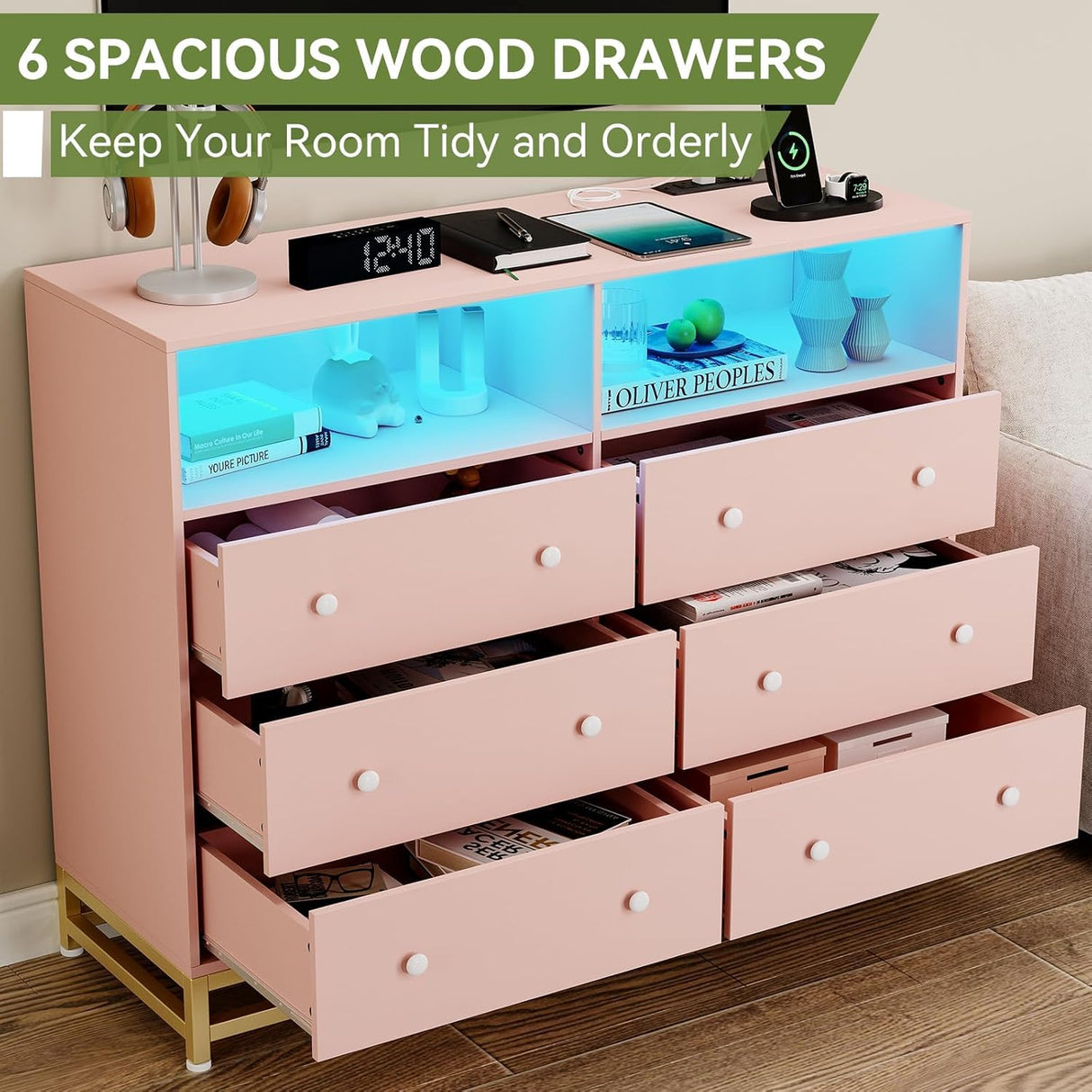 Klysiora Dresser for Bedroom with 6 Drawers, Wide Wooden Dresser with LED Light and Charging Station, Large Storage Space, Modern Storage Organizer Unit for Closet, Entryway Klysiora