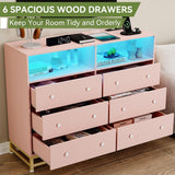 Klysiora Dresser for Bedroom with 6 Drawers, Wide Wooden Dresser with LED Light and Charging Station, Large Storage Space, Modern Storage Organizer Unit for Closet, Entryway Klysiora