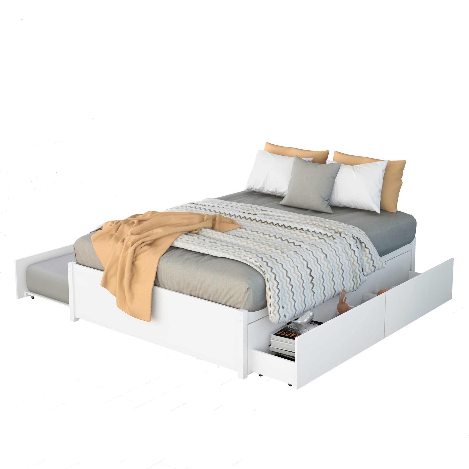 Bellemave White Full Size Bed Frame with Trundle and 2 Storage Drawers - WoodArtSupply