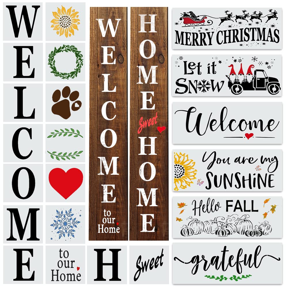 22PCS Large Letter Welcome Stencils for Painting on Wood - Vertical Welcome and Home Sweet Home Stencils - Farmhouse Christmas Stencils for Crafts Reusable -Paint Stencils for Wood Signs & Canvas DLY LIFESTYLE