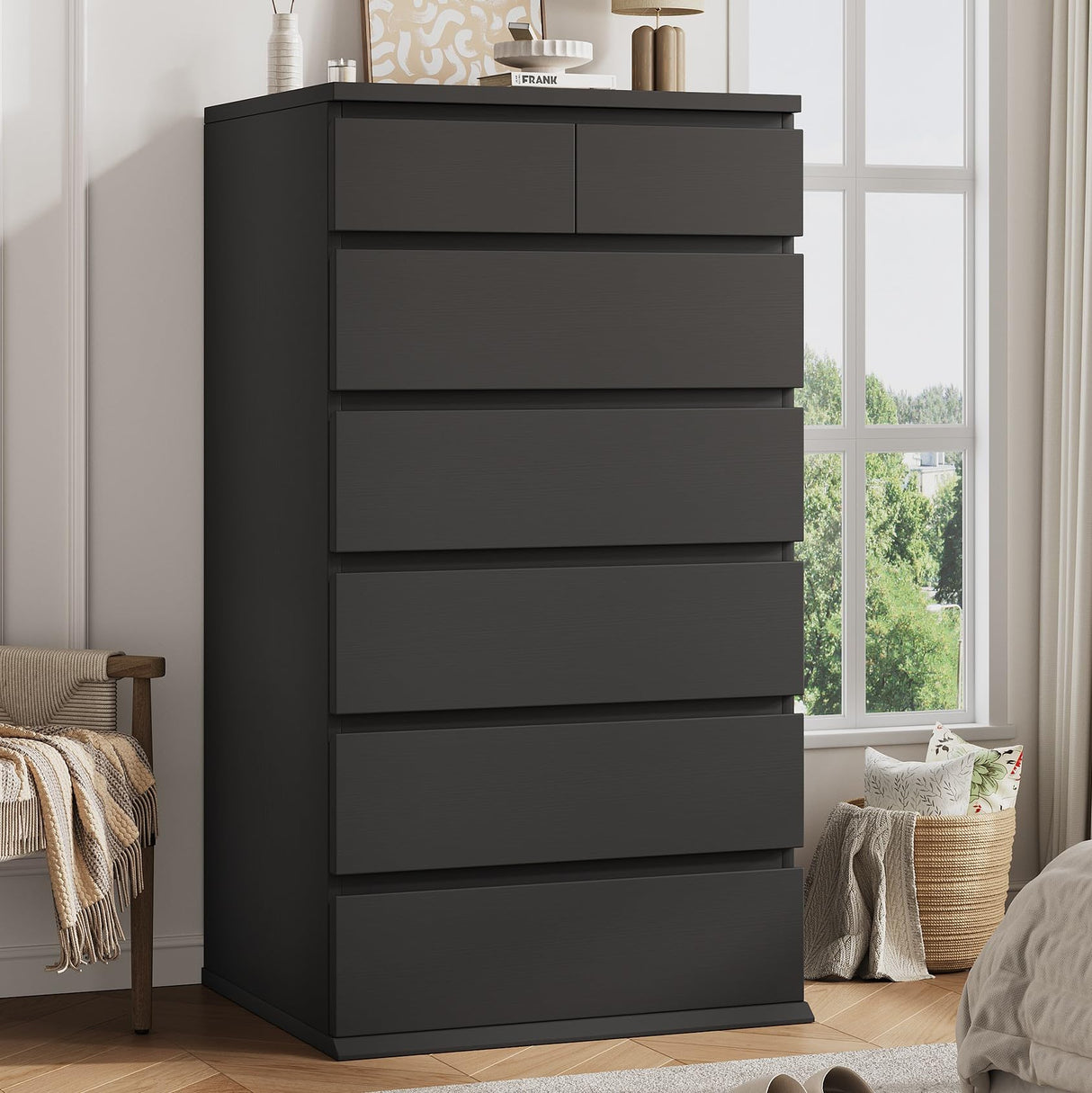 Black Tall 7 Drawer Dresser for Bedroom, Modern Wood Closet Dressers & Chests of Drawers with Jewelry Storage, 23.6" L*15.8" W*47.5" H in Large Vertical Dresser for Bedroom, Living Room, Nursery Jocoevol