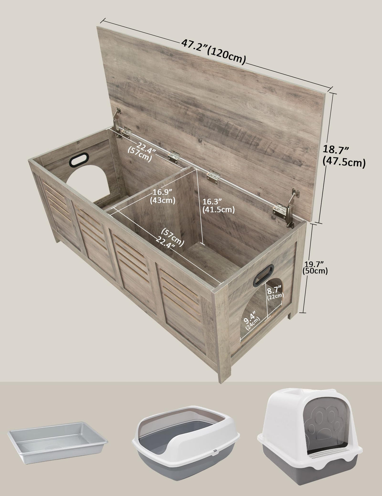 DINZI LVJ Litter Box Enclosure Furniture for 2 Cats, Top Opening Hidden Litter Box with Double Rooms, Dual Cat House with Good Ventilation, 47.2" Wooden Cat Washroom, Box Cabinet, Greige DINZI LVJ