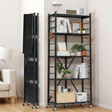 VEVOR 5-Tier Foldable Storage Shelf, 28W x 13D x 66H Inch Folding Metal Rack Shelving Unit, No Assembly Organizer Shelf with 5 Wheels & 4 Hooks for Pantry, Kitchen, Garage, Basement, Black VEVOR