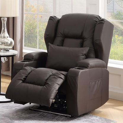 IPKIG Power Recliner Chair for Adult with Massage and Heat - Home Theater Seating Seats Power Movie Gaming Sofa with LED Lights, Cup Holders and Lumbar Pillow for Living Room, Faux Leather, Brown