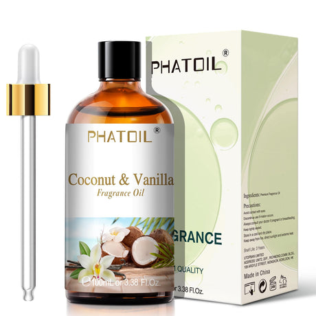 PHATOIL 3.38FL.OZ Coconut & Vanilla Fragrance Oils for Aromatherapy, Essential Oils for Diffusers for Home, Perfect for Diffuser, Yoga, DIY Candle and Soap Making - 100ml PHATOIL