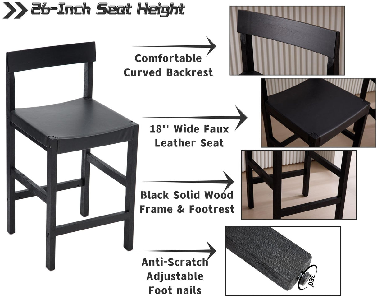 HNY Black Bar Stools Set of 4, 26'' Counter Height Barstools Modern Counter Stools with Backs and Footrest Faux Leather Island Chairs, Farmhouse Wooden Stools for Kitchen Counter Island Home Bar HNY