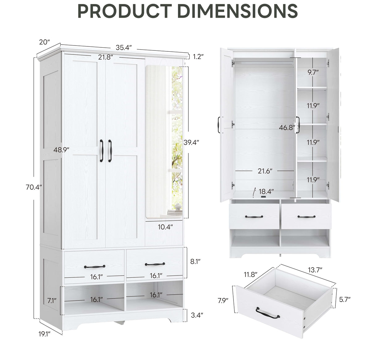 LIKIMIO 3 Doors Armoire Wardrobe Closet with Mirror, 2 Shoe Racks, 70" H Wooden Bedroom Armoires with 2 Drawers and Adjustable Shelves, Freestanding Closet Storage Cabinet with Hanging Rail, White LIKIMIO