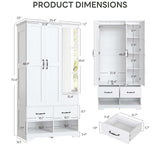 LIKIMIO 3 Doors Armoire Wardrobe Closet with Mirror, 2 Shoe Racks, 70" H Wooden Bedroom Armoires with 2 Drawers and Adjustable Shelves, Freestanding Closet Storage Cabinet with Hanging Rail, White LIKIMIO