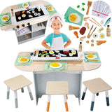 Hibachi Grill Wooden Kids Playset w/ Stools, Table Settings and Over 25 Toy Food Pieces - Noodles, Tongs, Meats, Veggies - Everything Your Little Chef Needs for Pretend Play Indoor Japanese Restaurant Svan