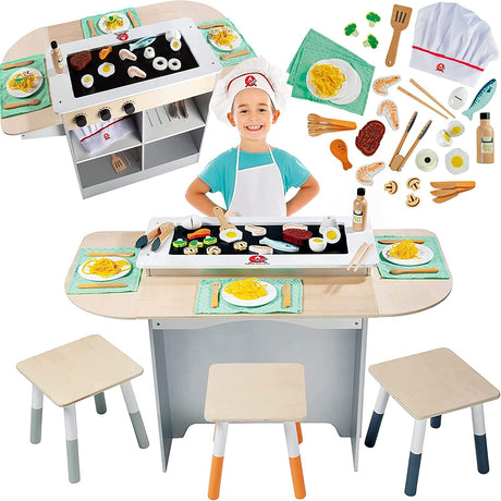Hibachi Grill Wooden Kids Playset w/ Stools, Table Settings and Over 25 Toy Food Pieces - Noodles, Tongs, Meats, Veggies - Everything Your Little Chef Needs for Pretend Play Indoor Japanese Restaurant Svan