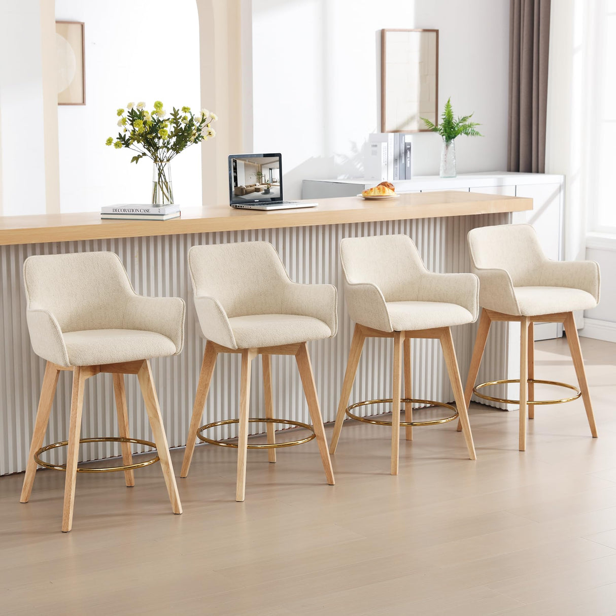 ONEVOG Modern 26" Counter Height Bar Stools Set of 4, Swivel Kitchen Island Tall Chairs with Back, Arm, Footrest and Solid Wood Legs, Linen Fabric Upholstered Farmhouse Barstools for Countertop, Beige ONEVOG