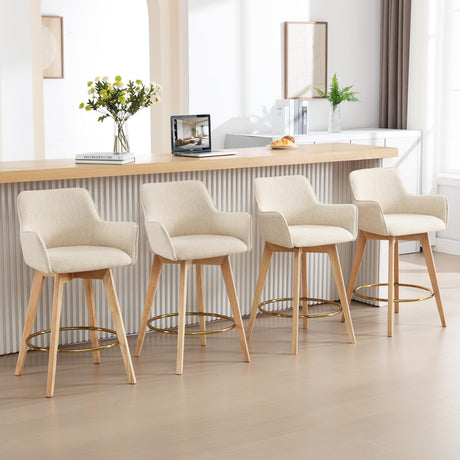 ONEVOG Modern 26" Counter Height Bar Stools Set of 4, Swivel Kitchen Island Tall Chairs with Back, Arm, Footrest and Solid Wood Legs, Linen Fabric Upholstered Farmhouse Barstools for Countertop, Beige ONEVOG
