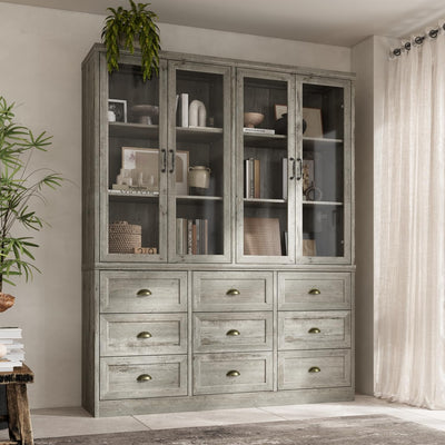 WOODTIME 78.7" H Display Storage Cabinet with Glass Doors, 9 Drawers & 3-Tier Shelves, Wooden Curio Cabinet Bookcase Bookshelf for Home Office Living Room Store, Grey