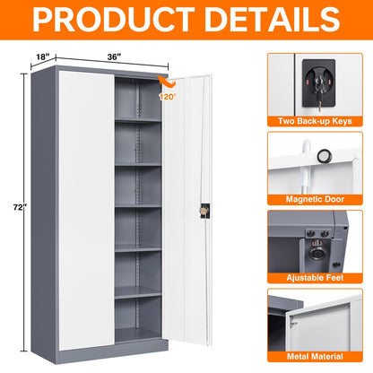 NODHM Metal Garage Storage Cabinets with Lock, 72" Storage Cabinet with Doors and Adjustable Shelves Tool Garage Cabinet for Home,Office,Warehouse (Gray & White) - WoodArtSupply