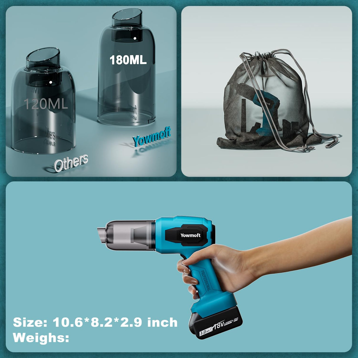 3 in 1 Handheld Car Vacuum Compatible with Makita 18V Battery with 21000pa Strong Suction, Handheld Vacuum Cordless & Blower with 200W Brushless Motor, Mini Vacuum Cleaner for Car, Home (No Battery) YOWMOFT