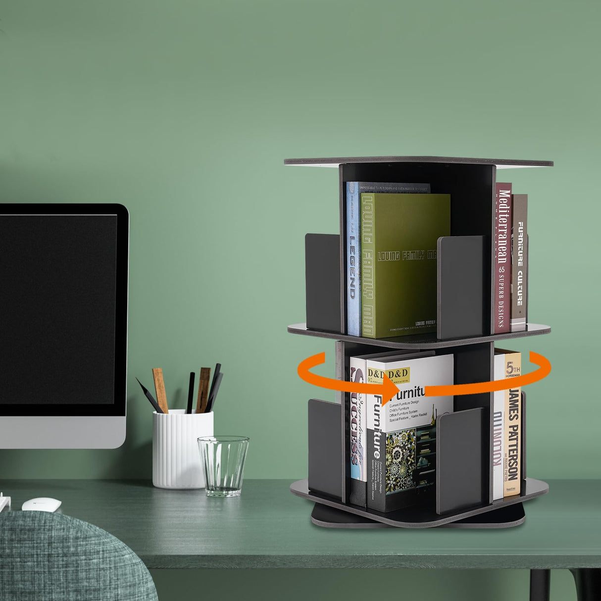 KONGKUNI Modern 2 Tier 360° Rotating Corner Bookshelf for Small Spaces - Stylish Black Desktop Bookcase KONGKUNI