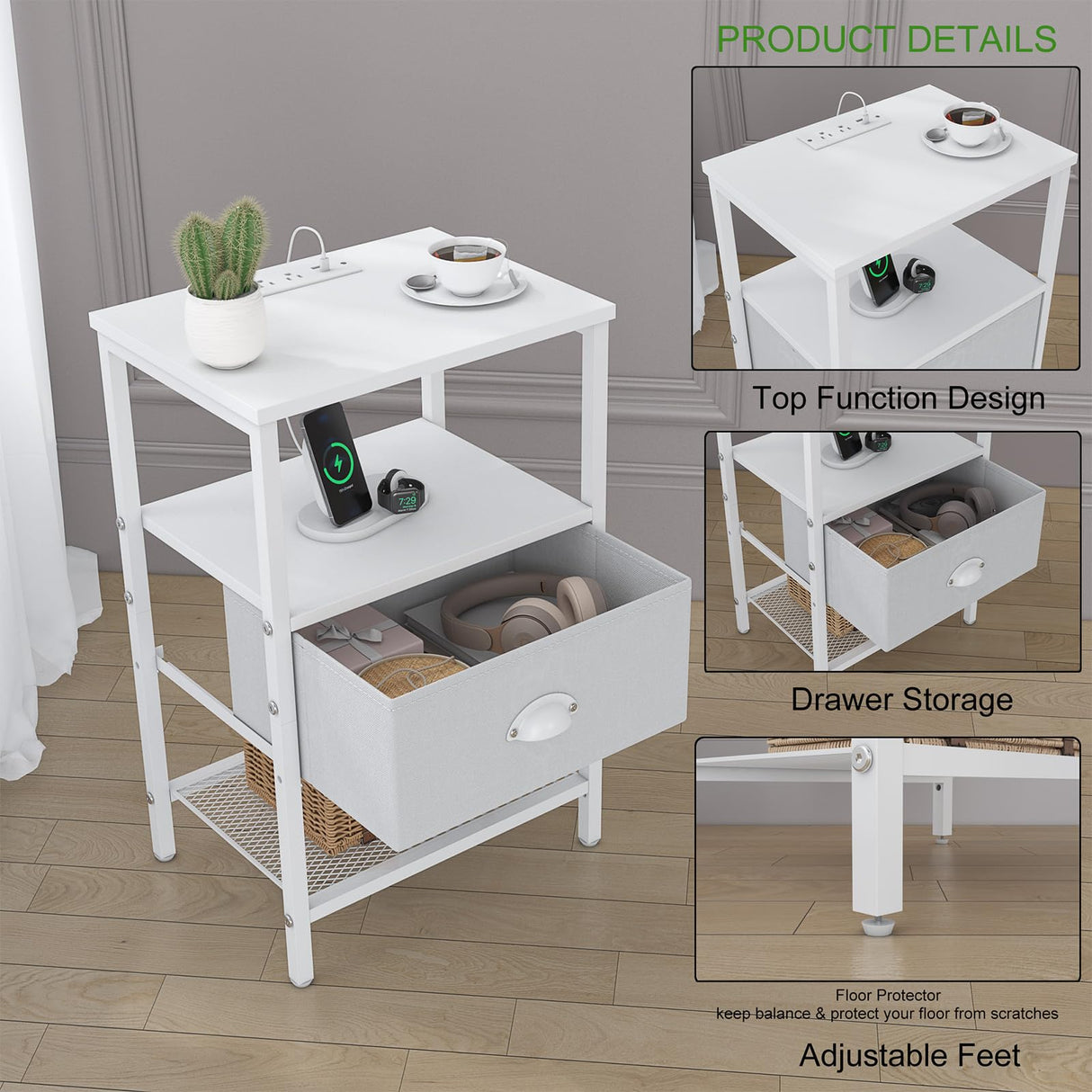 Sthmec Nightstands Set of 2, LED Bedside Tables with Charging Station and Fabric Drawer, Night Stand with Storage, 3 Tier Side Table with Open Shelf, LED Nightstand with Charging Station, White WoodArtSupply