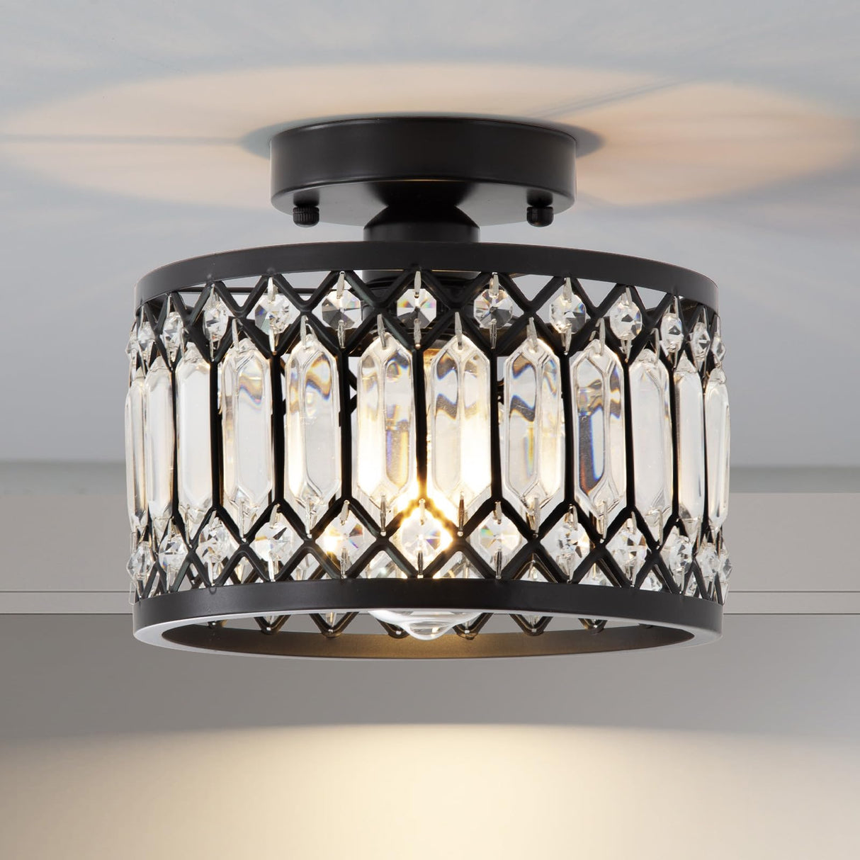 WimiSom Black Crystal Ceiling Light, Modern Semi Flush Mount Ceiling Lighting Fixture, Hand Woven Flush Mount Ceiling Light for Hallway, Bedroom, Kitchen, entryway, Living Room WimiSom