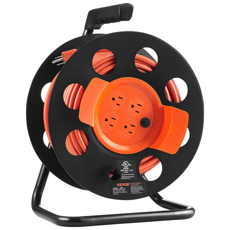 VEVOR Extension Cord Reel, 100FT, with 4 Outlets and Dust Cover, Heavy Duty 14AWG SJTOW Power Cord, Manual Cord Reel with Portable Handle Circuit Breaker, for Outdoor Indoor Toolshed Garage VEVOR