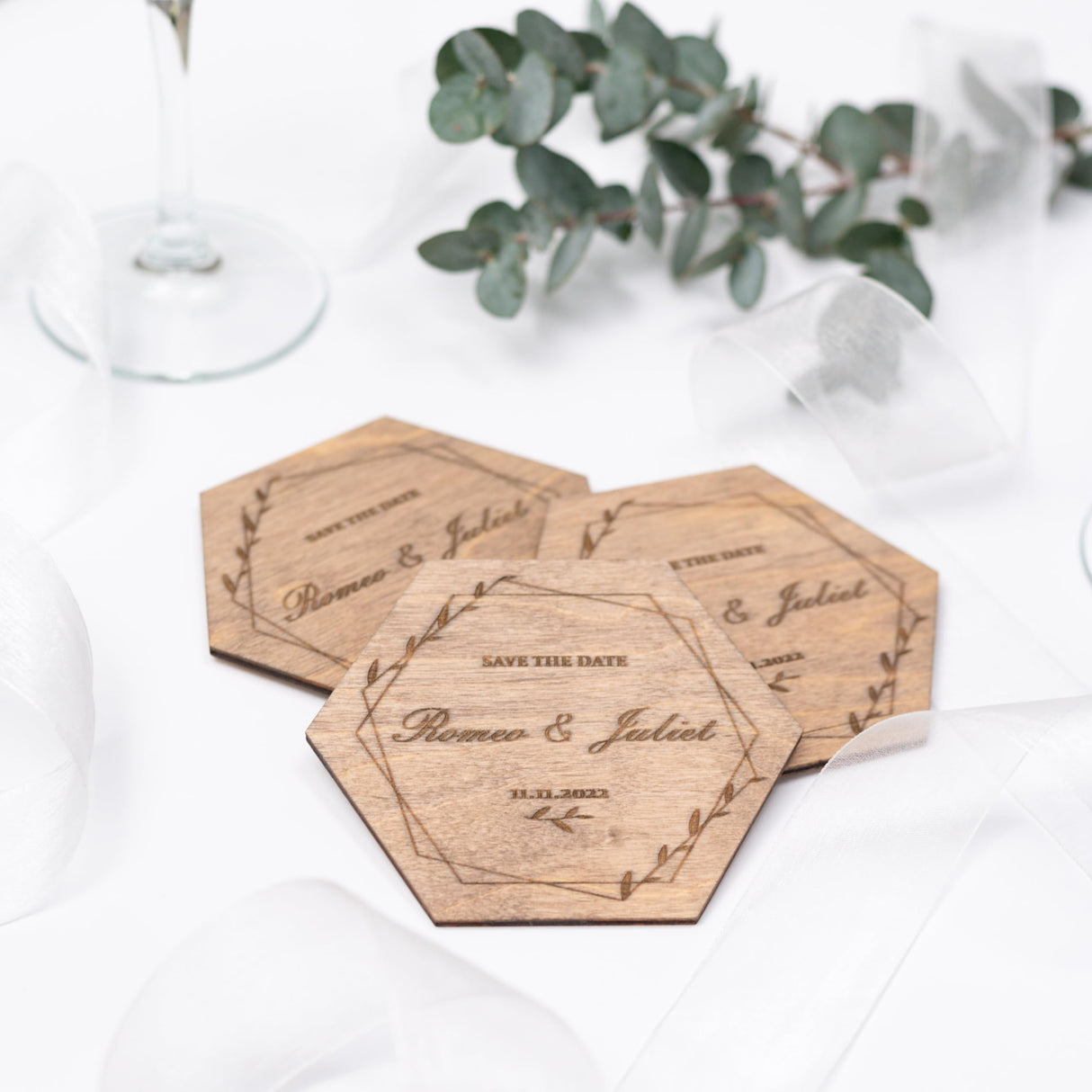 Personalized Wedding Coaster Rustic Decor - Wedding Favors Couple Gifts Wooden Save The Date Monogram Custom Cup Mug - Coasters Ceremony Invitations with Calendar (Hexagon) Enjoy The Wood